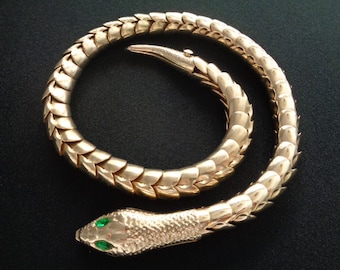 Striking Art Deco Gold Plated Articulated Scaled Snake Head Tail Serpent Choker Necklace and Marquise Navette Cut Emerald Green Crystal Eyes