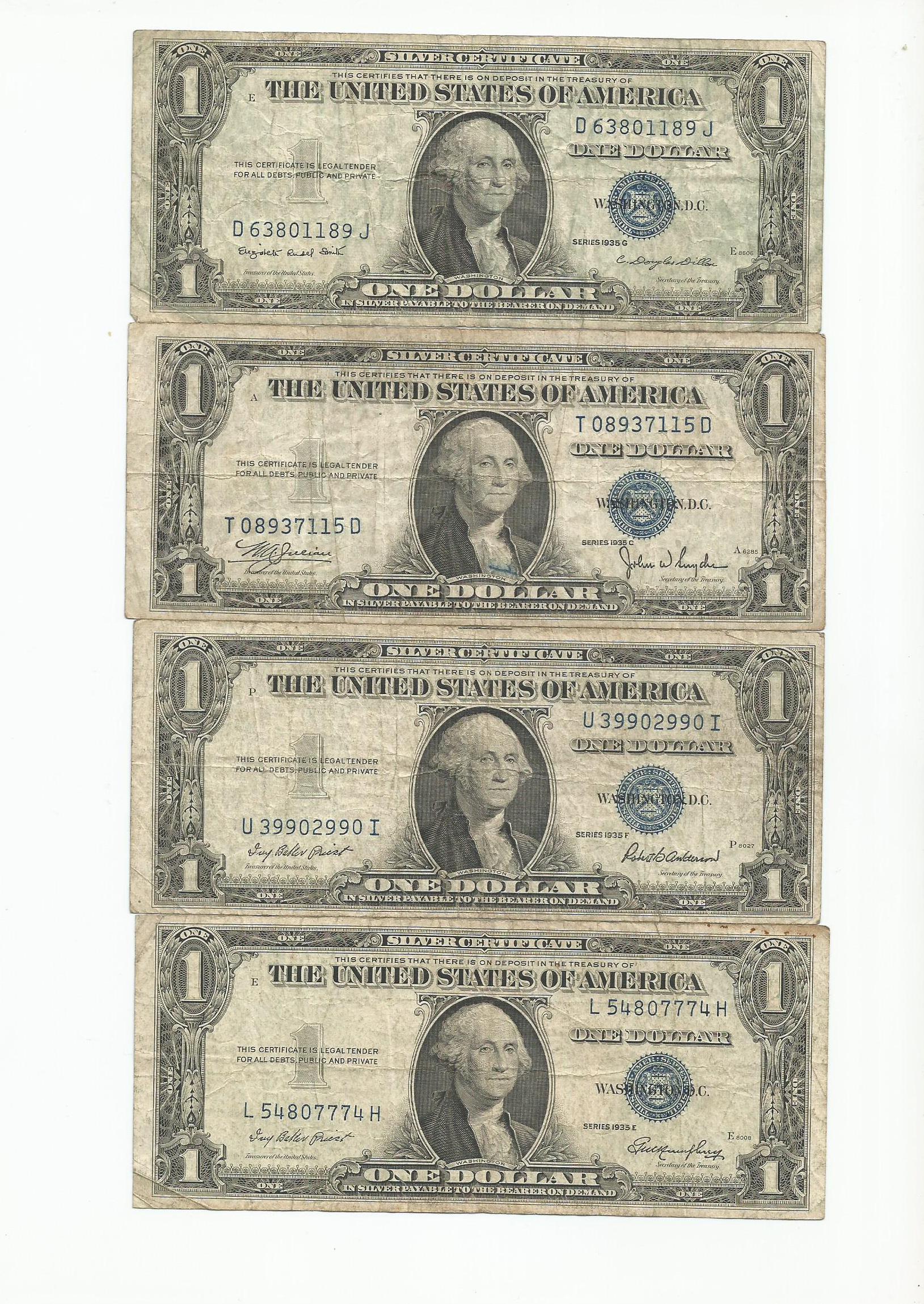 Nice 4 Piece Lot US American Silver Certificates One 1 Dollar Bills Paper Money series 1935 Collect United States Currency
