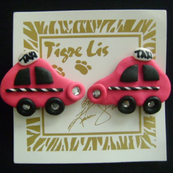 Tigre Lis by Karen Justice Wearable Art Clay Jewelry Super Fun and Cute Pink Black White & Rhinestone Accents Car Cab Taxi Pierced Earrings