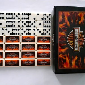 Harley-Davidson Bar & Shield Flames Orange White Black Double Six 28 Set Dominoes Tile Games Casino Gambling Man Cave Motorcycle Enthusiast