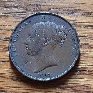 1853 British Large Penny One Cent Vintage Antique Penny Copper Coin Queen Victoria Obverse with Britannia Reverse, Partial Collar Error