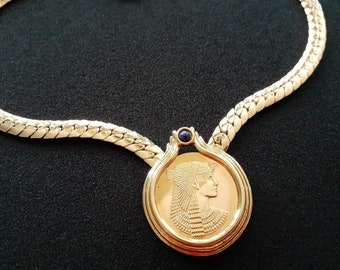 1987 Franklin Mint Egyptian Goddess Queen Cleopatra 22KT Gold Plated Link Chain and Blue Lapis Lazuli Medallion Coin Center Pendant Necklace