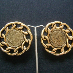 Fabulous Vintage France Napoleon Empereur Faux Coin Fake Coins With Chain Style Circle Round Chunky Showy Runway Clip On Earrings Gold Tone