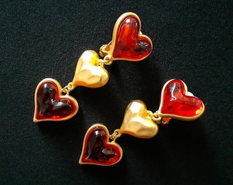 Sweet Lovely Matte Finish Yellow Gold Tone Ruby Red Color Resin Lucite Puffed Love Heart Drop Clip Earrings Romantic Valentine's Day Jewelry