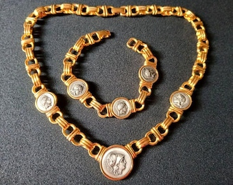 Vintage Thyateira Lydia Goddess Athena Ancient Greek Warriors Greece Replica Coins Gold Tone Metal Fancy Links Necklace Bracelet Jewelry Set
