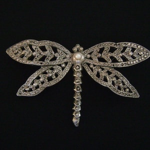 May include: A silver dragonfly brooch with a pearl accent. The dragonfly's wings are detailed with intricate patterns.