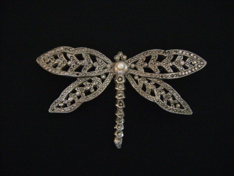 May include: A silver dragonfly brooch with a pearl accent. The dragonfly's wings are detailed with intricate patterns.