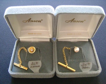 ANSON Minimalist Gentleman's Jewelry Accessories Lot 2 Tie Tack Gold Plated Tiny Genuine Diamond and Pearl Accents Boxes Formal Wedding Wear