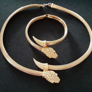 Vintage Reptile Serpent Snake Cobra Mesh Gold Plated Accented W/Crystal on Head & Tail Egyptian Revival Choker Necklace Bracelet Jewelry Set