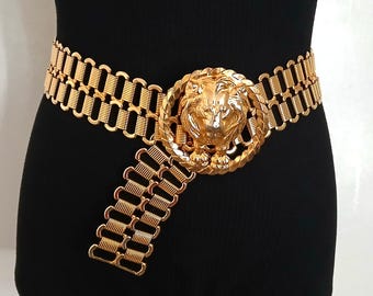 Vintage Ornate Book Chain Style Victorian Revival Dramatic Runway Accessories Gold Tone Metal UNISEX Waist Belt W/ Lion Head Face Buckle 34"