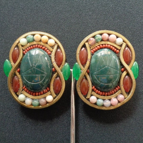 Vtg M&J Hansen Designs 84 Brass Lucite Beaded Stones Red Brown Carved Green Scarab Fancy Showy Large Earrings Egyptian Revival Style Jewelry