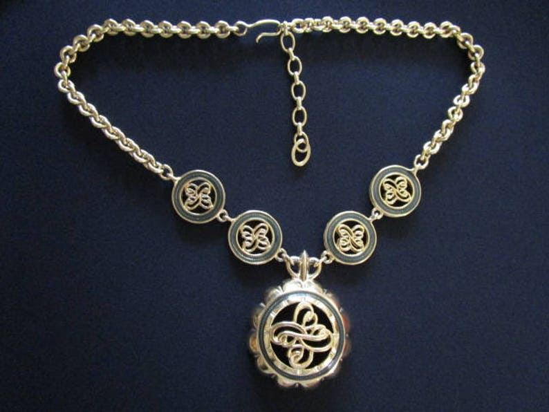 Fabulous Vintage Jewelry Gold Chain W Olive Green Colored Enamel Accent Monogram Monogrammed Designs Dangle Drop Medallion Pendant Necklace