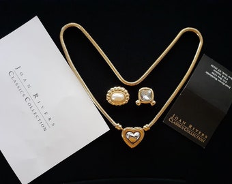 Joan Rivers Jewelry Classics Collection 3 in1 Interchangeable Pendant Heart Faux Pearl Clear Glass Rhinestone Gold Tone Snake Chain Necklace