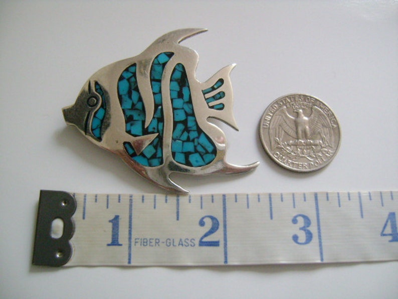 Taxco Mexico 925 Mexican Sterling Silver Inlaid Black /& Blue Turquoise Inlay Figural Bramidae Pomfret Angel Fish Brooch Pin Sea Ocean Animal