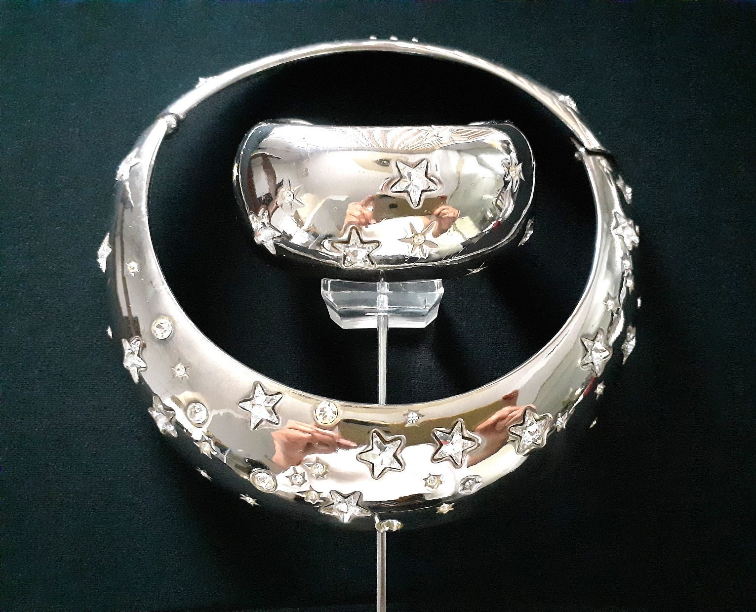 MARGARITA BARRERA 1993 Rhodium Plated Silver & Diamanté Crystal Accents Moon Stars Necklace Cuff Bangle Bracelet Celestial Style Jewelry Set