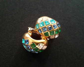 Impresionante joyería MONET Juego de bisel en tono dorado brillante Corte cuadrado princesa Azul aguamarina Verde Cristal transparente Acentos de diamantes de imitación Pendientes de clip