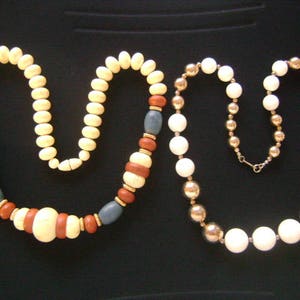 Lovely Vintage Gold Tone White Lucite Beads 1 Signed Carol Dauplaise Necklace  &Faux Wood Cream Brown Blue Teal Necklaces Boho Style Jewelry