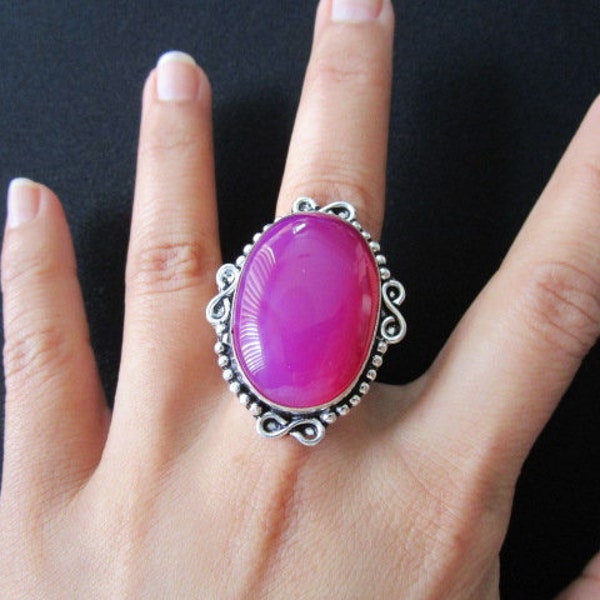 925 Stamped Silver Classic Oval Cut Pink Red Color Imitation Ruby Cabochon Stone Fancy Chunky Statement Cocktail Ring Size 9 Holiday Jewelry