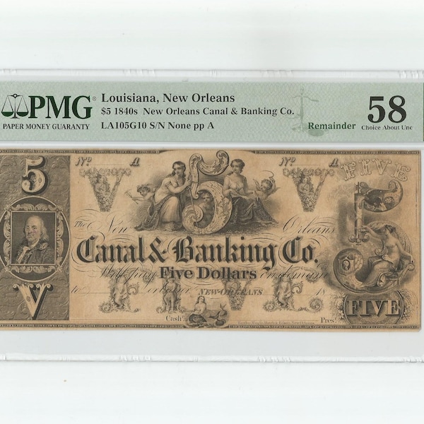1840s 5 Dollar Bill Canal & Banking Co. New Orleans Louisiana US Obsolete Currency Remainder Note PMG AU58 Benjamin Franklin Maidens Cherubs