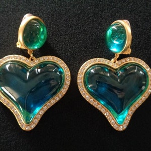 Fabulous MONET Gold Tone W/ Blue Aqua Translucent Color Lucite Glass Clear Rhinestones Puffed Heart Clip on Showy Statement Earrings Jewelry