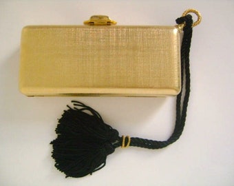 Gorgeous Rare Vintage Elizabeth Arden Brushed Finish Shimmer Gold Tone Box Style Mini Clutch Purse Bag W/Black Tassel Strap & Seashell Clasp
