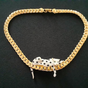 Vintage Yellow Gold Plated W/ Pave Rhinestones Black Enamel Green Crystal Eye Striking Panther Hanging Leopard Wild Big Cat Necklace Jewelry