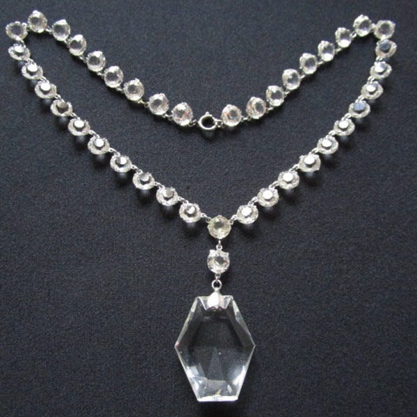 Antique Art Deco Beauty Faceted Round Fancy Cut Shaped Open Back Prong Setting Clear Crystal Glass Cocktail Necklace Classic Wedding Jewelry