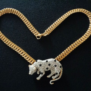 Yellow Gold Plated With Pave Rhinestones Black Enamel Green Crystal Eye Panther Hanging Leopard Slide Sliding Pendant Chain Necklace Jewelry