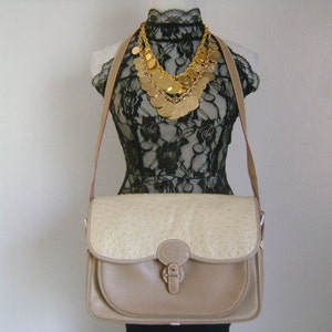 Seltene Vintage GUCCI Italien authentische Handtasche verstellbare Riemen Schulter Kreuz Körper Tasche Kombinationen Farbe Beige exotische Strauß Haut Tan Leder