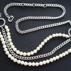 Amazing Vintage ESCADA Made in ITALY Draped Triple Layer Silver Tone Chain W/ Faux Pearls Crystal Rhinestones Accents Belt Necklace Size M L