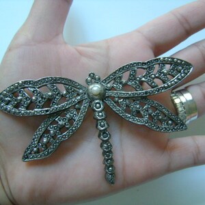 May include: A silver dragonfly brooch with a pearl accent. The dragonfly is made of intricate metalwork and has a delicate design.