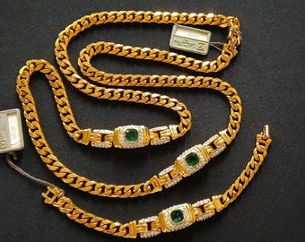 Valentino Italy Yellow Gold Plated Metal With Square Emerald Green Crystal Diamonique CZ Miami Curb Link Chain Necklace Bracelet Jewelry Set