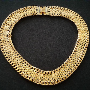 Fabulous Shiny Yellow Gold Tone Metal Layered Miami Curb & Panther Style Link Chain Cleopatra Collar Necklace Bold Fashion Jewelry 16&quot;L 102g