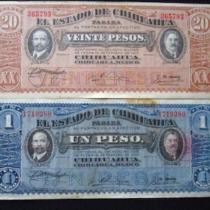 May include: Two vintage paper banknotes from the State of Chihuahua, Mexico. The top banknote is red and features the text "VEINTE PESOS" and a portrait of a man. The bottom banknote is blue and features the text "UN PESO" and a portrait of a man.