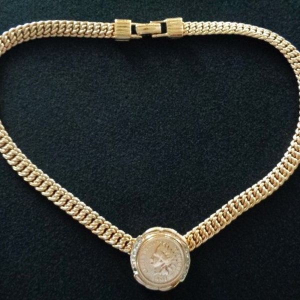 Vintage PANETTA Jewelry Yellow Gold Tone Metal With 1901 Indian Head Penny Replica Coin Crystal Accents Center Pendant Wheat Chain Necklace