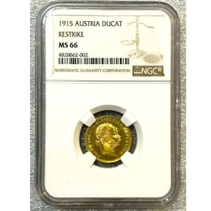 Graded NGC MS 66 Austria 1 Ducat Gold Coin 1915 Restrike Emperor Franz Joseph Habsburg Crowned Double Eagle Numismatic Collection Collectors