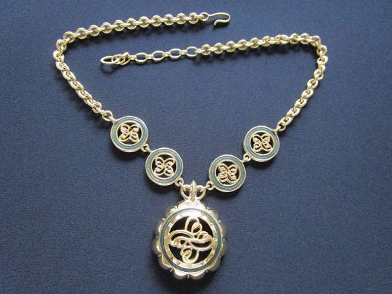 Fabulous Vintage Jewelry Gold Chain W Olive Green Colored Enamel Accent Monogram Monogrammed Designs Dangle Drop Medallion Pendant Necklace