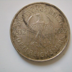 1932 A Germany Weimar Republic 3 Drei Reichsmark Silver Coin Centenary of Death of German Writer & Statesman Johann Wolfgang von Goethe Coin image 3