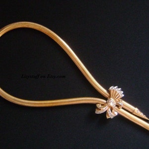 1/20 10k GF Gold Filled PSCO Plainville Stock Company Edwardian Victorian Omega Snake Chain W/ Diamond Like Bow Bolo Lariat Pendant Necklace