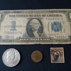 Collectibles Lot 4 Items Note Coin Token Stamp  1934 Dollar Bill, 1949D Half Dollar, 1863 Civil War Token and Early 20th Century Stamp