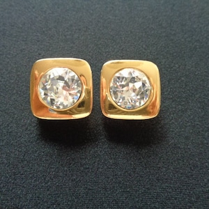 Designer LANVIN PARIS Yellow Gold Plated Metal Round Brilliant Cut Bezel Set Faceted Crystal Accents Geometric Square Cube Earrings Jewelry
