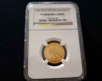 1989 Kingdom of the Netherlands Holland Dutch PROOF Gold Ducat Coin .983% 3.5 Grams Graded NGC PF68 Ultra Cameo Collect Gold Bullion Coinage