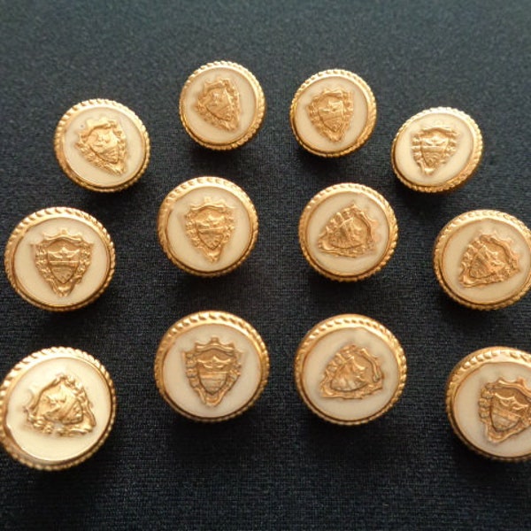 Lot 12 Buttons Set Ornate Shield Coat of Arms Crests Designs Gold With Beige Cream Enamel Accents Suit Blazer Dress Button Project Crafting