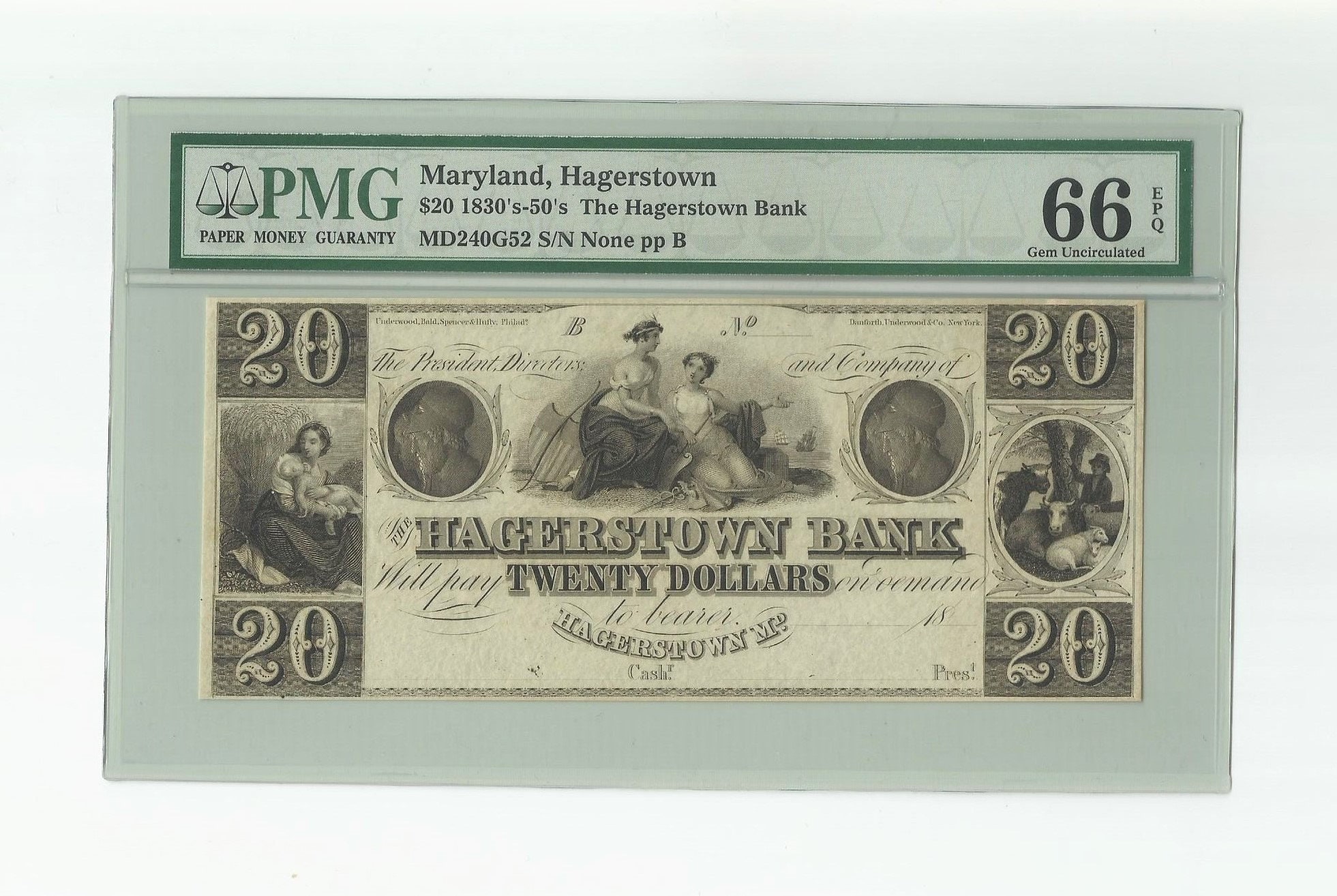 1830s-50s 20 Twenty Dollar the Hagerstown Bank Maryland Obsolete