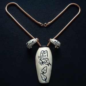 Unusual Vintage Ceramic or Porcelain White Cream & Black Enamel Flower Butterfly Vase Designs Pendant Snake Chain Necklace Earrings Jewelry