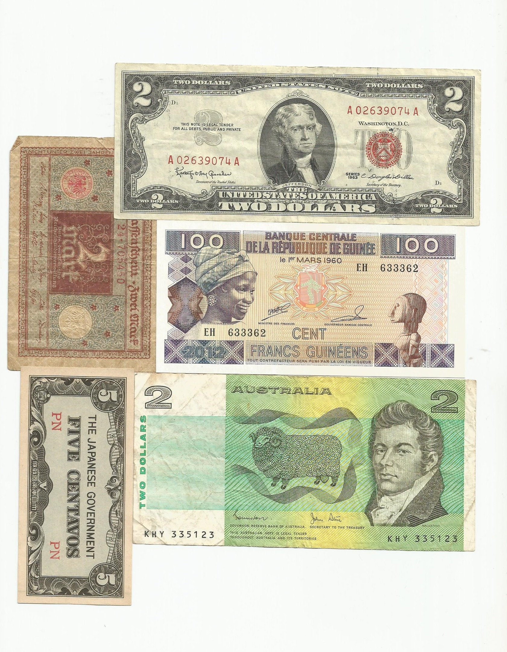 Five Banknote Collection Including Us Series 1963 2 Dollar Bill 1940s Philippines 5 Centavos 1920 German 2 Marks 1980s Australia 2 Dollar - 