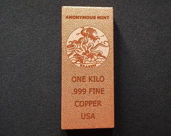 1 Kilo 1Kg 2.2lb 35oz Pure .999 Fine Copper Bar Ingot Bullion From Anonymous Mint USA with Kraken Monster Octopus Sea Animal Creature Design