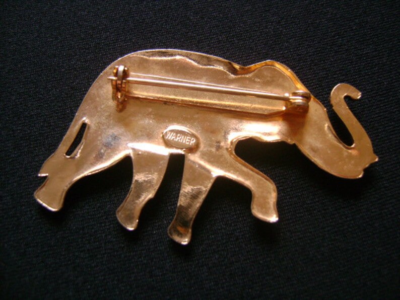 Lovely Vintage WARNER Joseph Warner Jewelry NY Gold Tone Enameling Brown White Green Blue Enamel Good Luck Lucky Elephant Animal Brooch Pin
