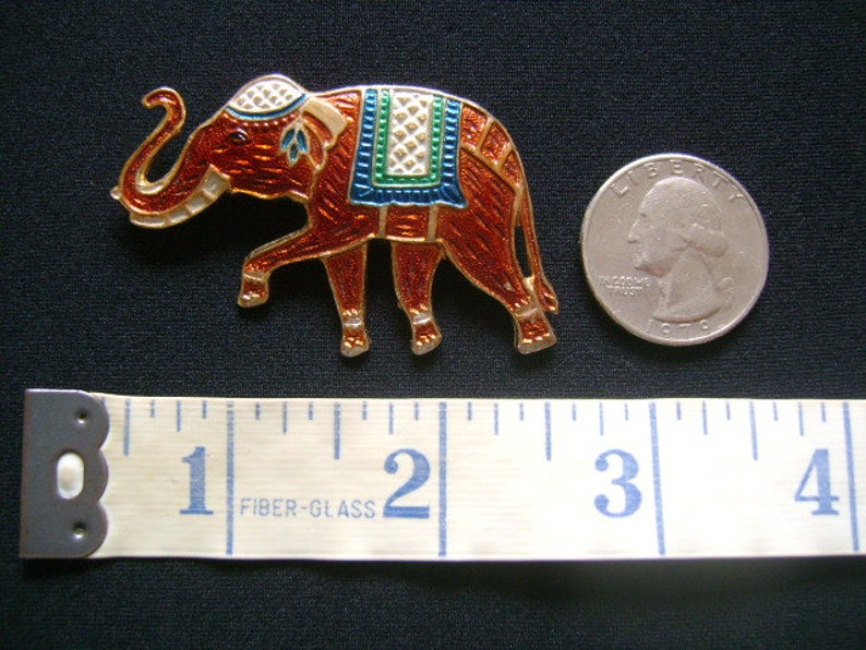 Lovely Vintage WARNER Joseph Warner Jewelry NY Gold Tone Enameling Brown White Green Blue Enamel Good Luck Lucky Elephant Animal Brooch Pin