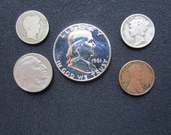 Collect US Coins American Collection  Franklin Half Dollar Mercury Dime Barber Dime Buffalo Nickel and Lincoln Wheat Penny